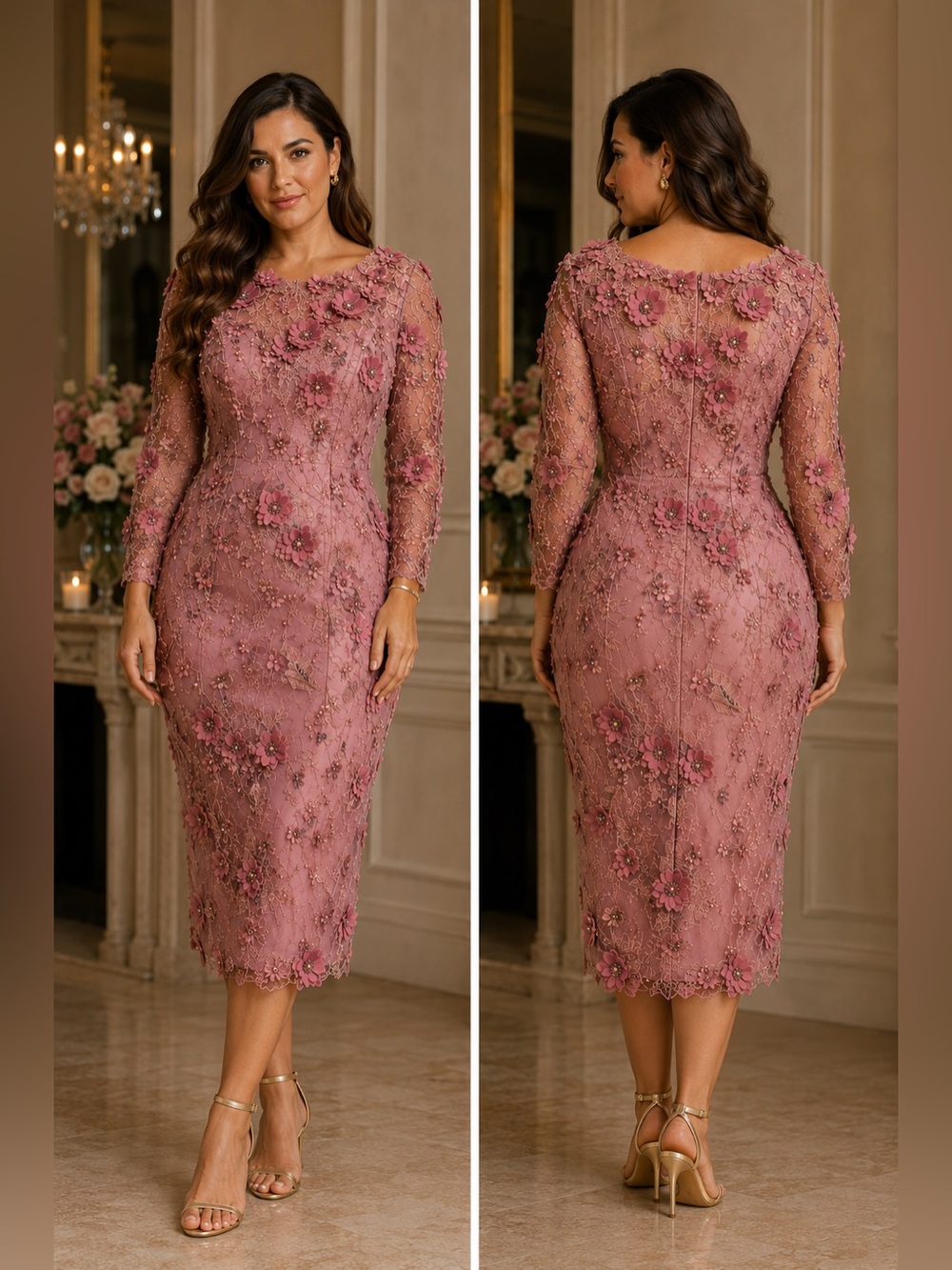 Vintage 3D Floral Lace Sheath Dress Pink Beaded Illusion Sleeve Size L 10 12